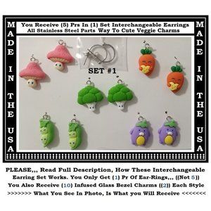 NEW Veggie Interchangeable Food Charm Earrings 5 Pairs in Set Stainless Steel